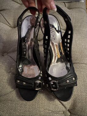 GUESS Black Open-Toe Slingback Heels with Buckle Accents